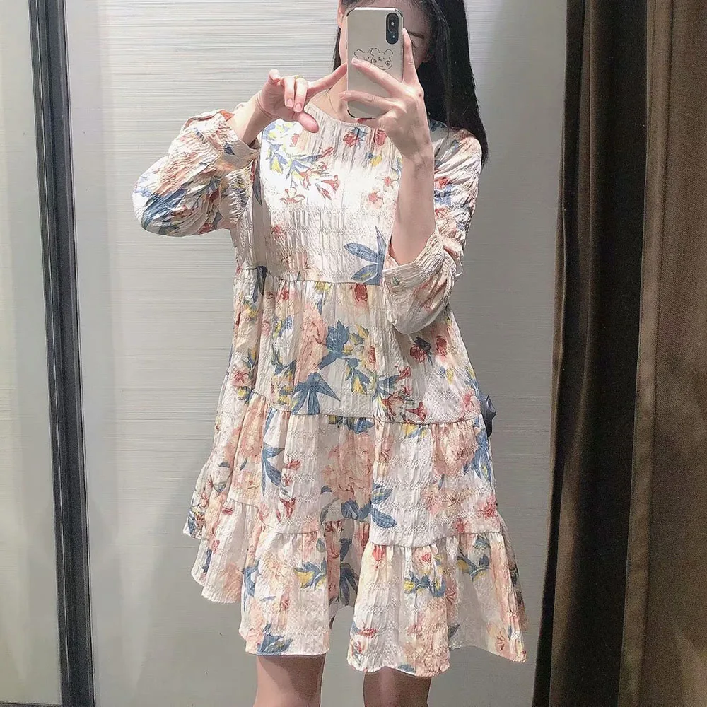 

2021 spring and summer new sweet round neck long sleeve printed flounced mini dress