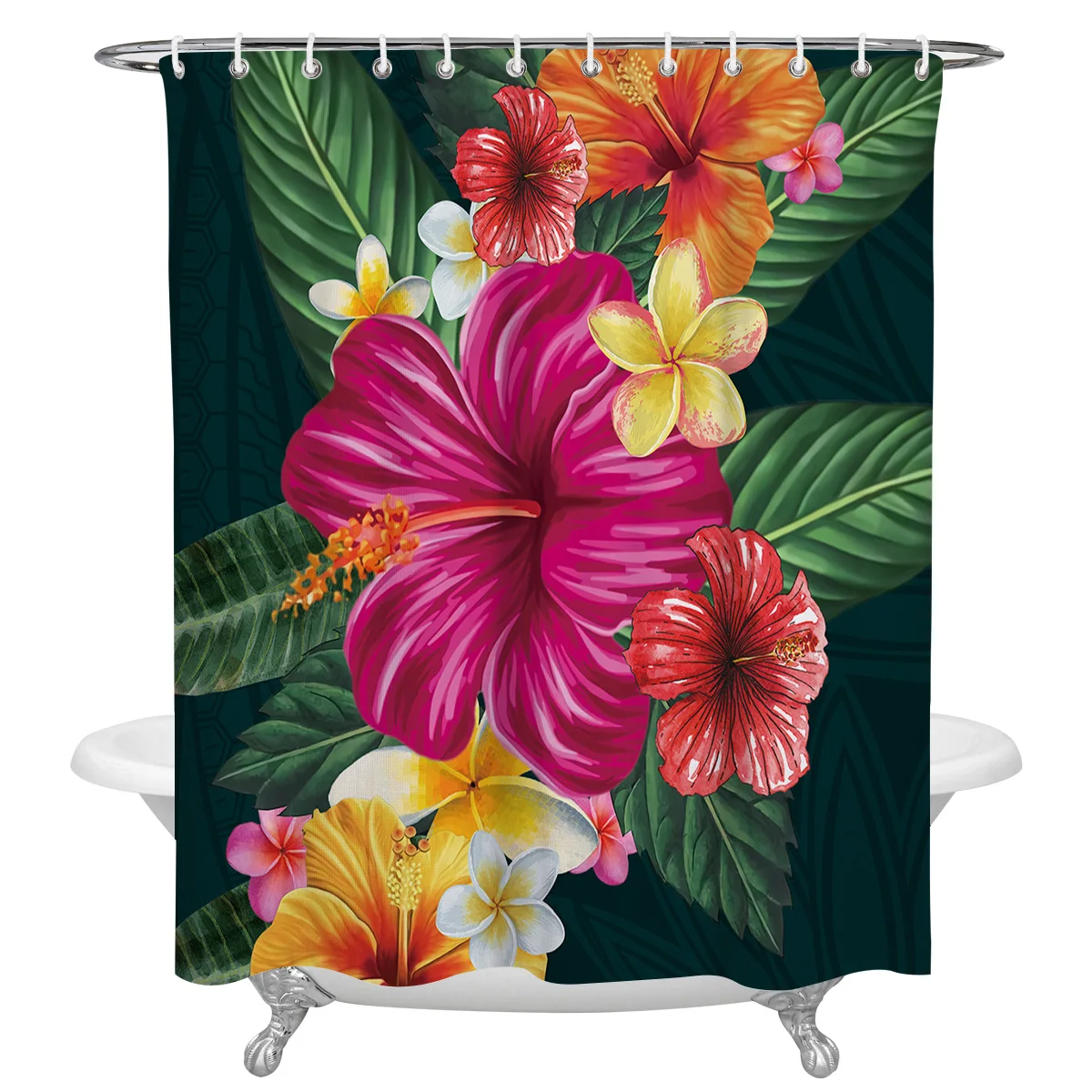 

Green Plant Red Hibiscus Bathroom Shower Curtain Polyester Fabric Waterproof Shower Curtains with Hooks