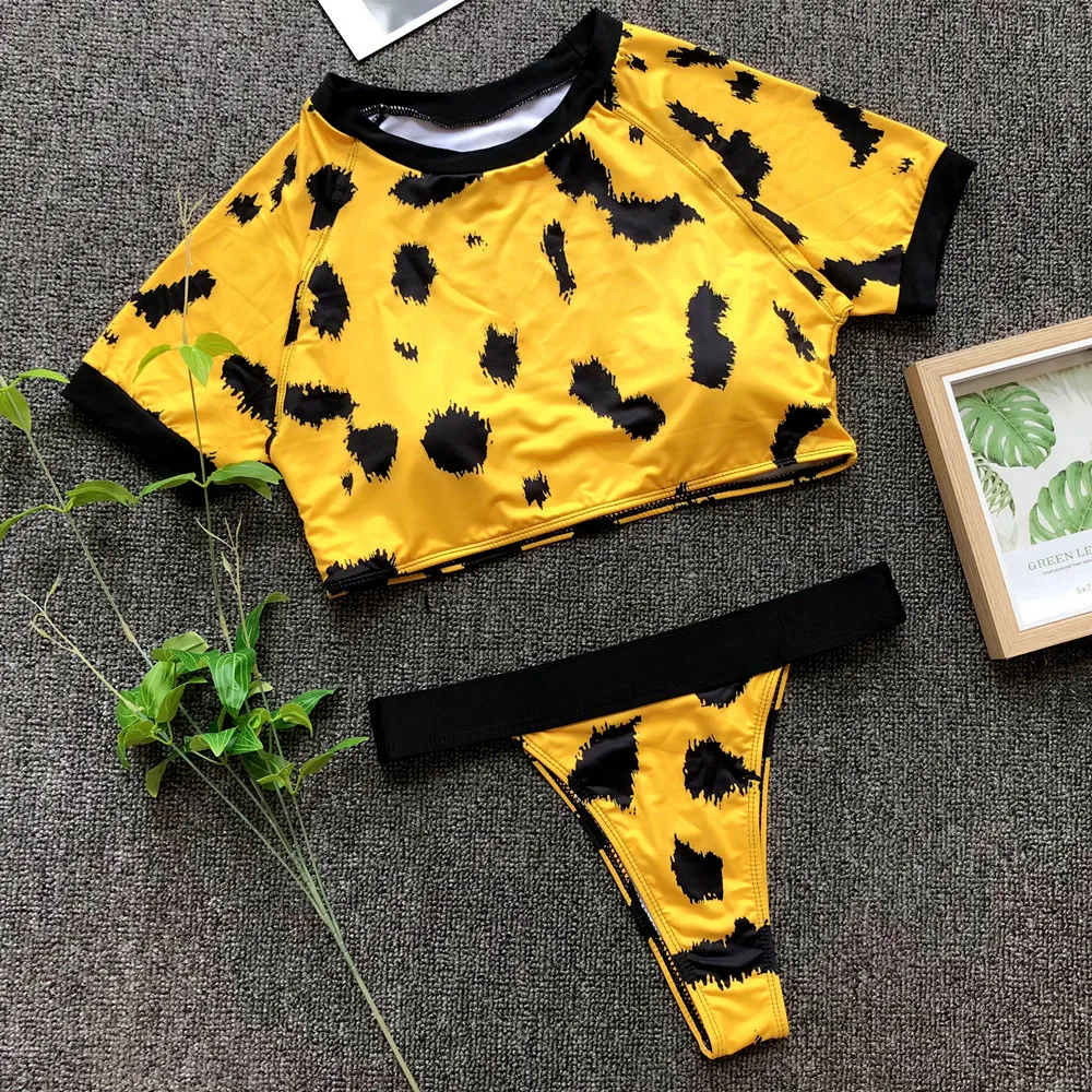 

Half Sleeve High Waist Bikini 2021 Women Swimsuit Solid Splicing Bikini Set Push Up Swimwear Backless Bathing Suits Beachwear