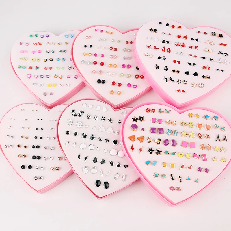 36Pairs/box Mix Cute Cartoon Hypoallergenic Plastic Love Flowers Stud Earrings Set For Women Girl Pearls Jewelry Gift |