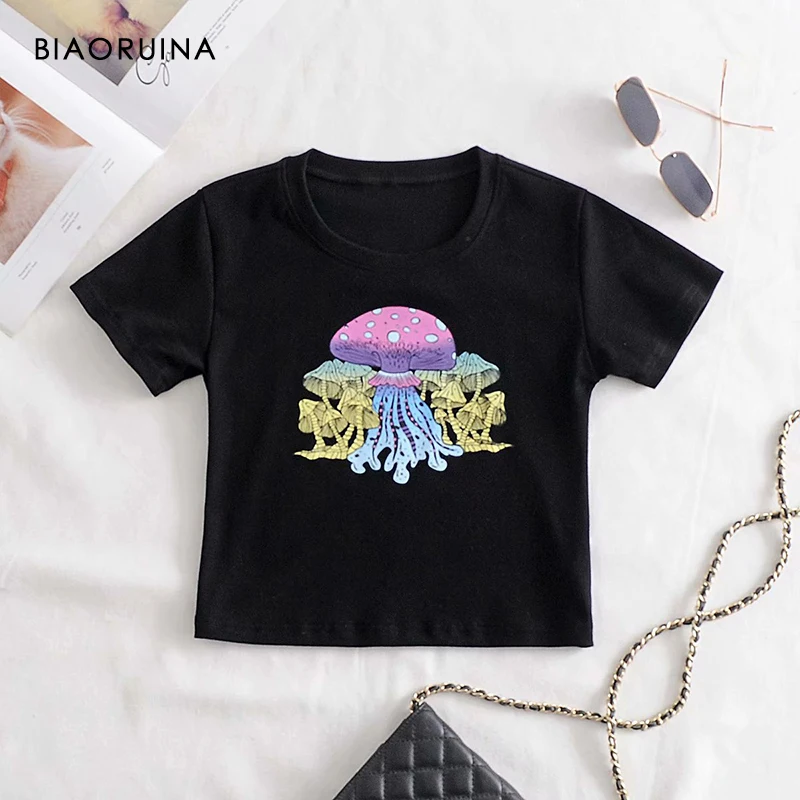 

Женская короткая облегающая футболка BIAORUINA с принтом медузы, Модный укороченный топ с круглым вырезом в уличном стиле, летние повседневные ...