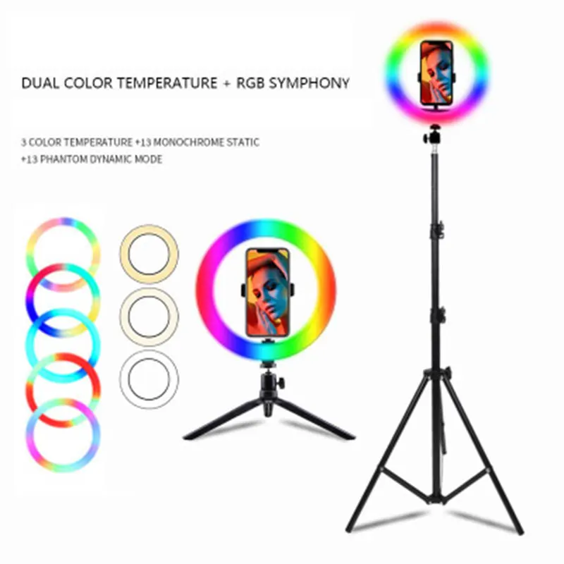 

10 Inch Vlog Video LED Selfie Ring Light USB RGB Lamp Makeup Light With Phone Holder Tripod Stand For TikTok Youtube Photography