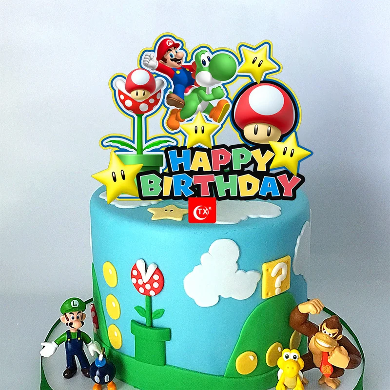 

New Cartoon Happy Birthday Cake Topper Colorful Cute Boss Mario Cupcake Toppers for Baby Kids Birthday Party Cake Decorations