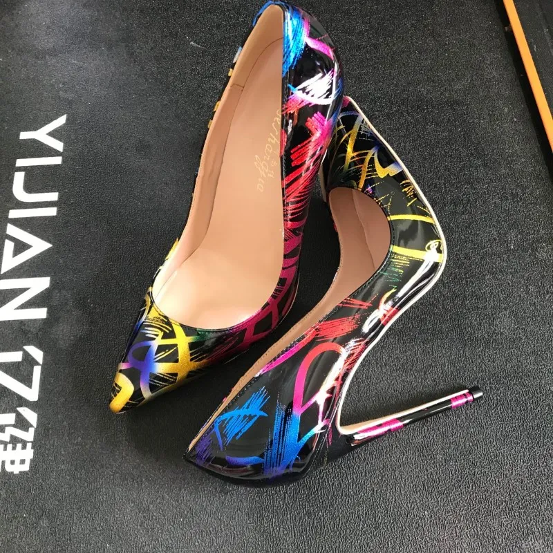 

free shipping 2019 sexy fashion women lady black PRINT Patent Leather Poined Toes high heels shoes Wedding pumps shoes 12cm 10cm