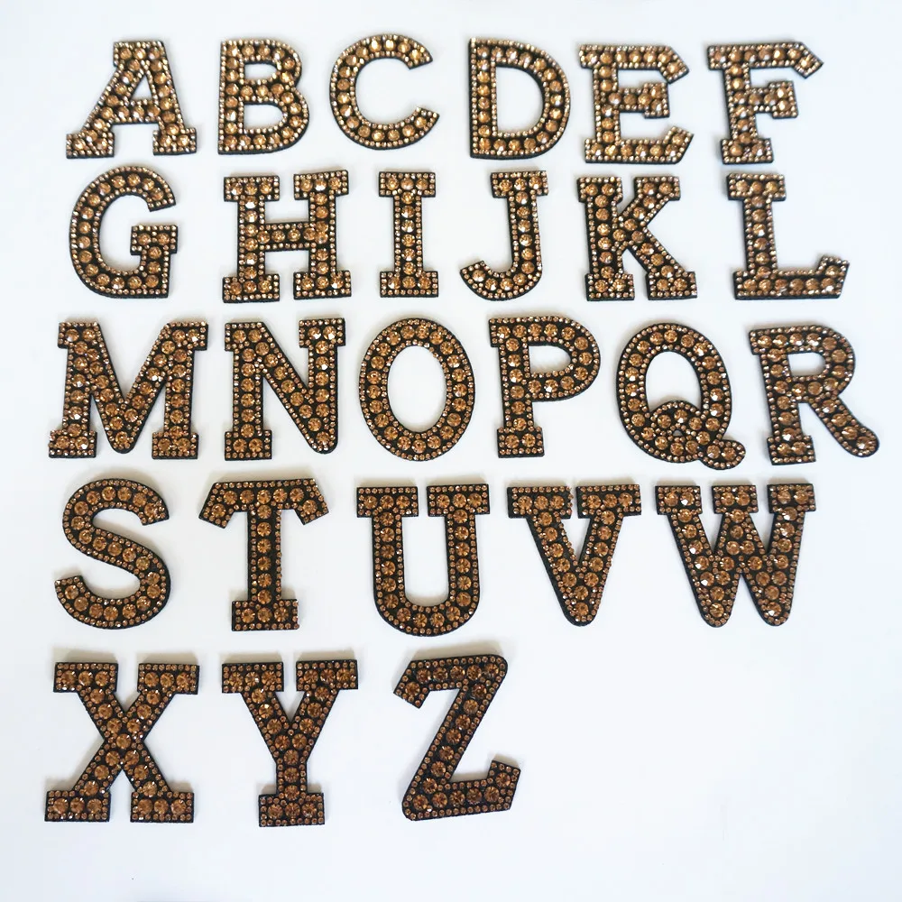 

26 Letters Rhinestones Alphabet Champagne Sew Iron On Patches Shining Badges For Name DIY Hat Bag Jeans Clothes Appliques Crafts