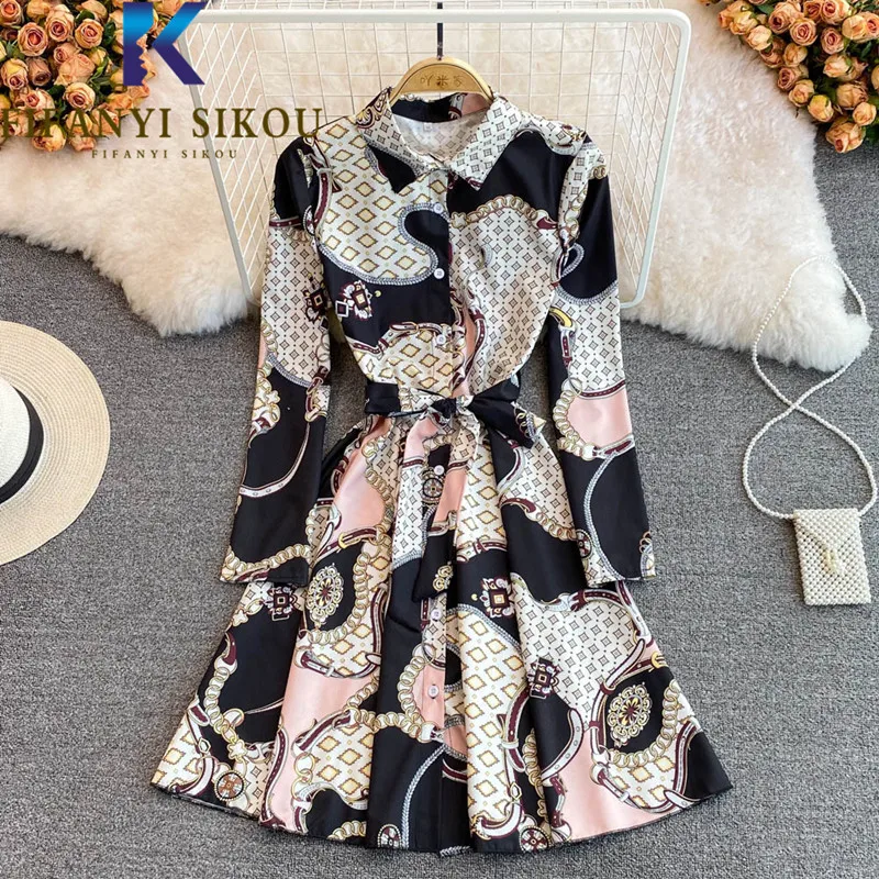 

Платье-рубашка женское однобортное средней длины, длинное платье с отложным воротником и длинным рукавом, с завышенной талией, весеннее мод...