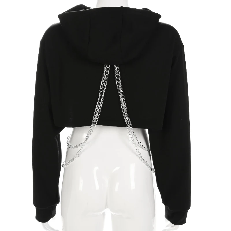 Women Hoodies Autumn Hip Hop Long Sleeve Cute Solid Color Off-Shoulder Casual Loose Hooded Short Sweatshirt With Metal Chain