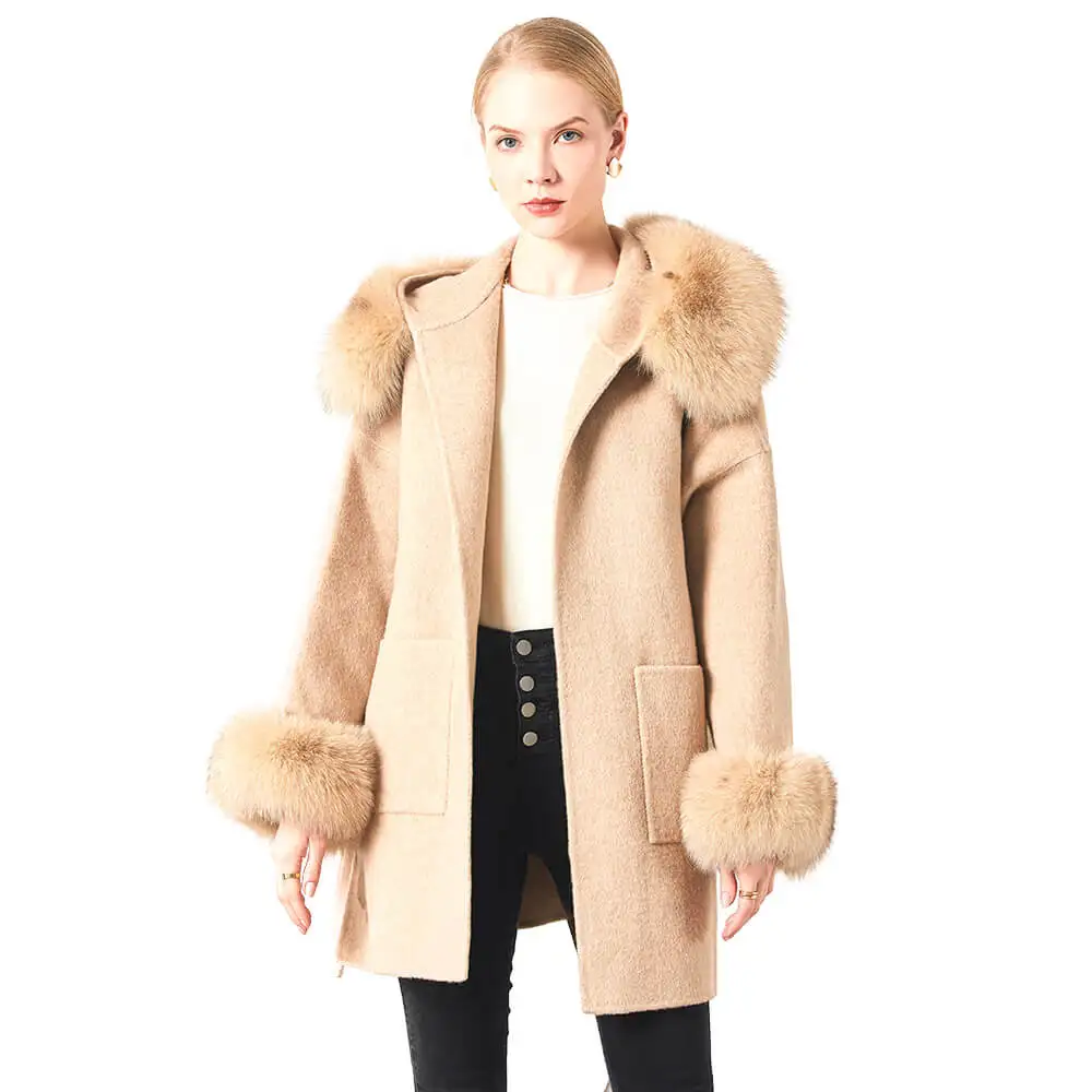 

Sheepskin Coat Fall 2020 Woman Clothes Fashion 80cm Long Double Cashmere Jackets Plus Size Winter Women Fox Fur Hooded Wool Coat