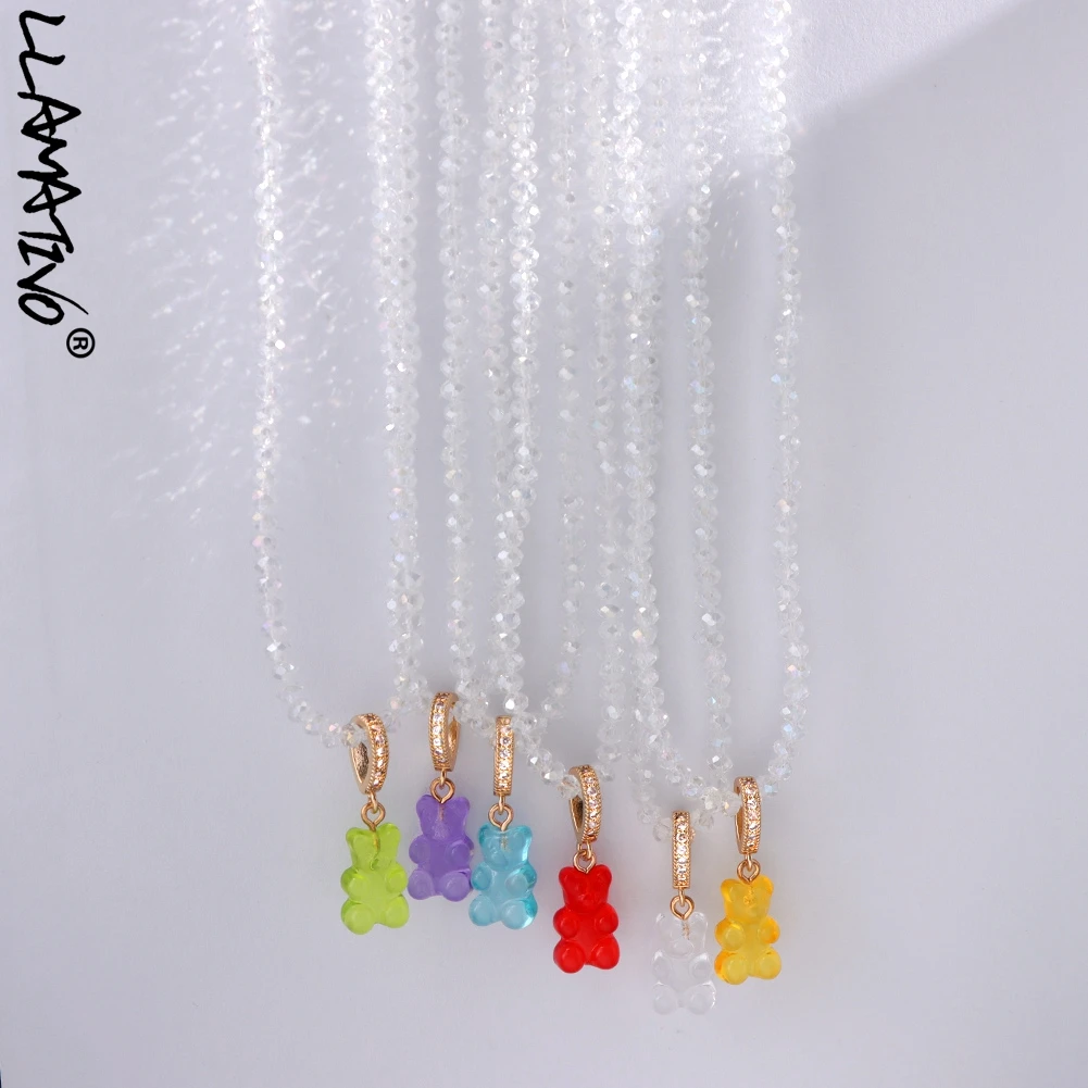 

Korean Cute Candy Color Gummy Bear Transparent Beaded Necklace For Women Girls Cartoon Zircon Bear Choker Necklaces Jewelry Gift