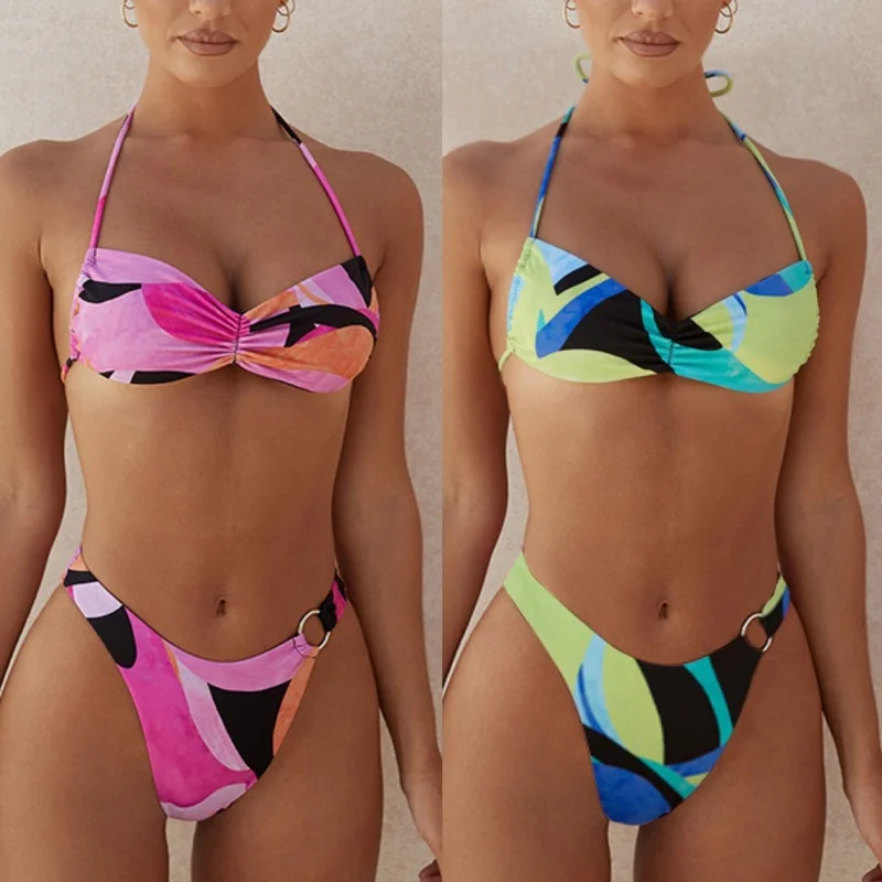 

Printed Bikini 2-piece Swimsuit Unique Ring Buckle Design Irregular Pattern Beach Swimsuit Women's summer suit bandeau swimsuit