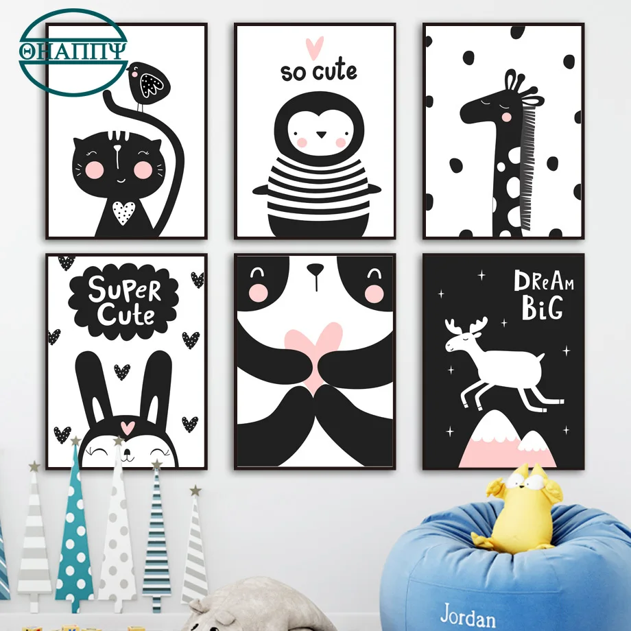Милые животные Панда Кролик Жираф Олень кошка Настенная картина для детской