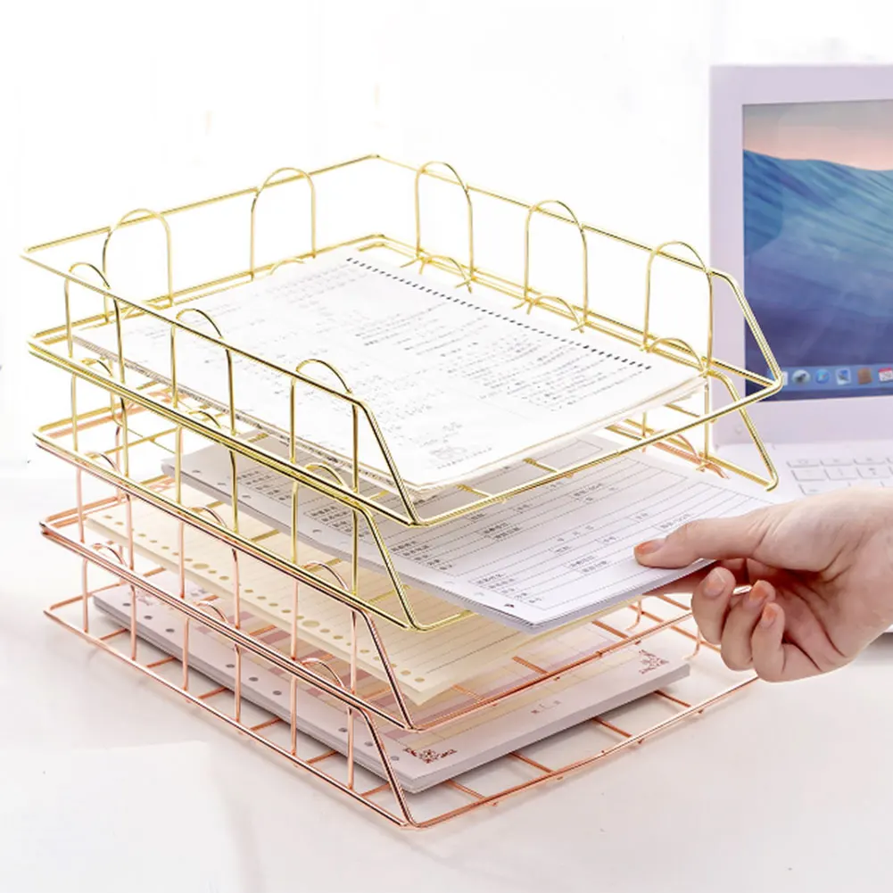 

Metal Stackable Storage Basket Magazine Newspaper Organizer Nordic Rose Gold Frame Rack Office Desktop A4 Paper Finishing Basket