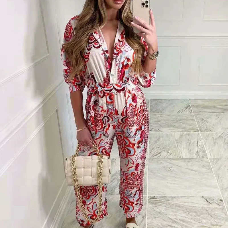 

KUMSVAG Women Summer Vintage Print Jumpsuit Rompers 2021 ZA Sashes Long Sleeve Female Elegant Playsuit Overalls Clothing OZZ1099