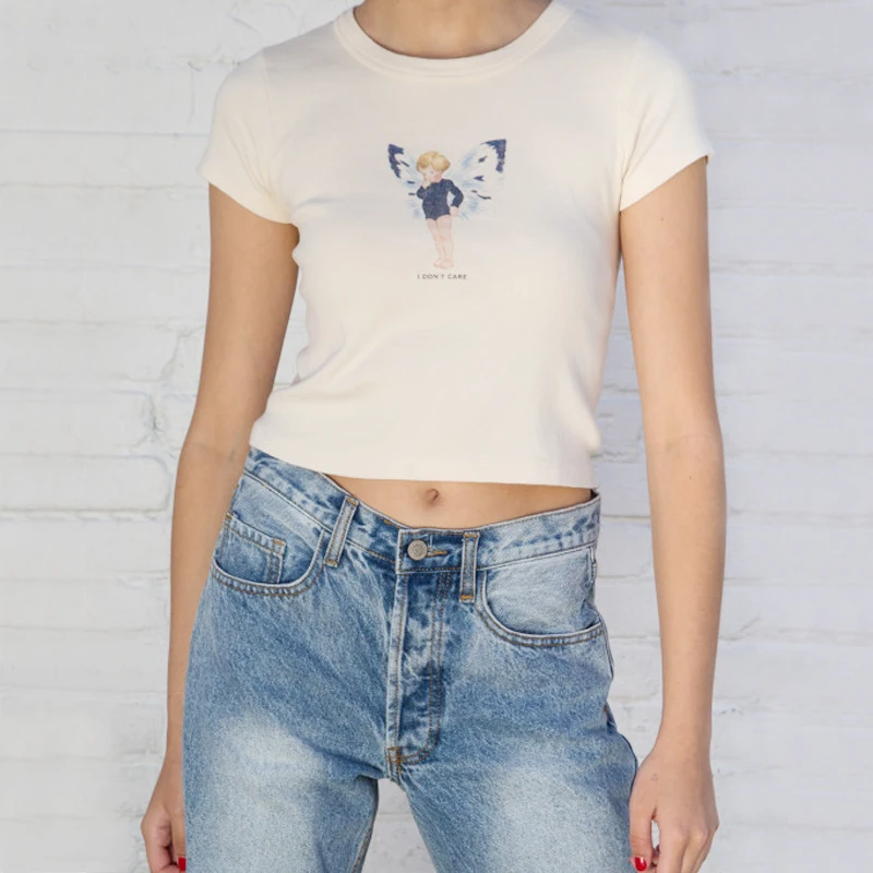 

Женская хлопковая Футболка с принтом бабочки и феи, летний топ бежевого цвета с коротким рукавом