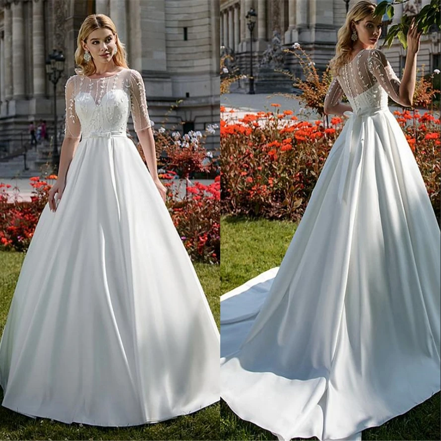 

Женское атласное свадебное платье It's yiiya, белое ТРАПЕЦИЕВИДНОЕ ПЛАТЬЕ с аппликацией, полурукавами и бисером на лето 2021