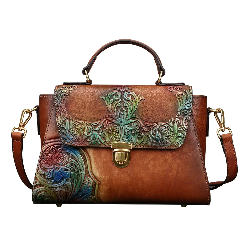 

2021 new bag female head layer cowhide women's handbag flower embossed one-shoulder messenger bag female