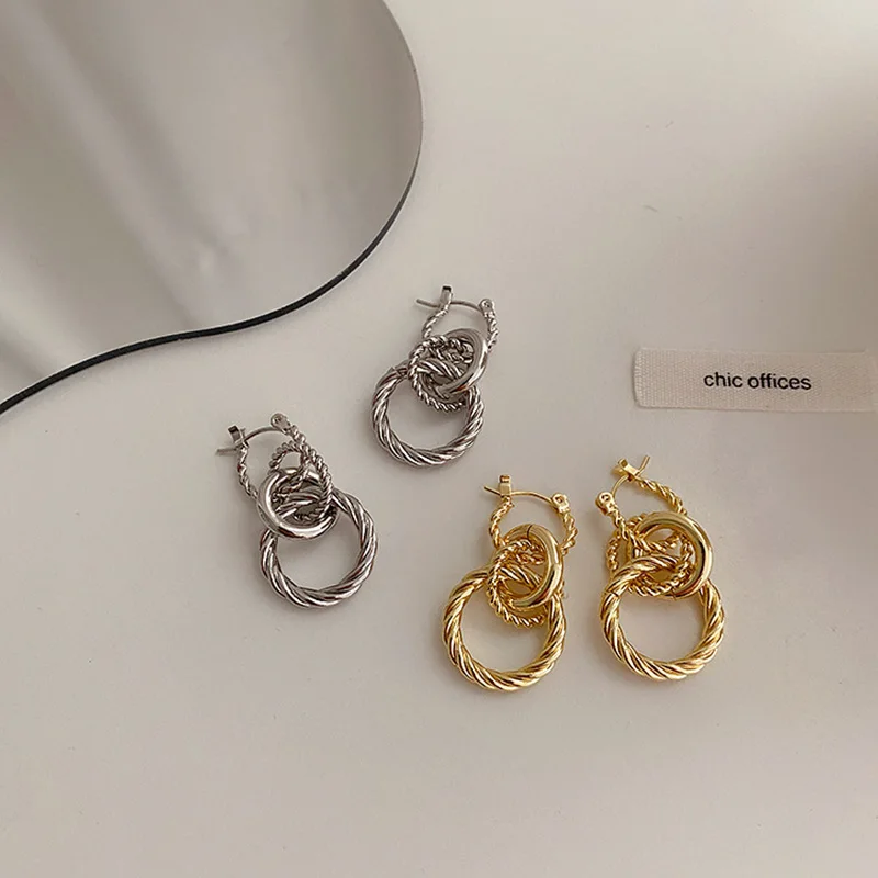 

French Normcore Twist Smooth Circle Loop Cluster Geometric Drop Earrings Gold Silver Color Metal Statement Earrings for Women