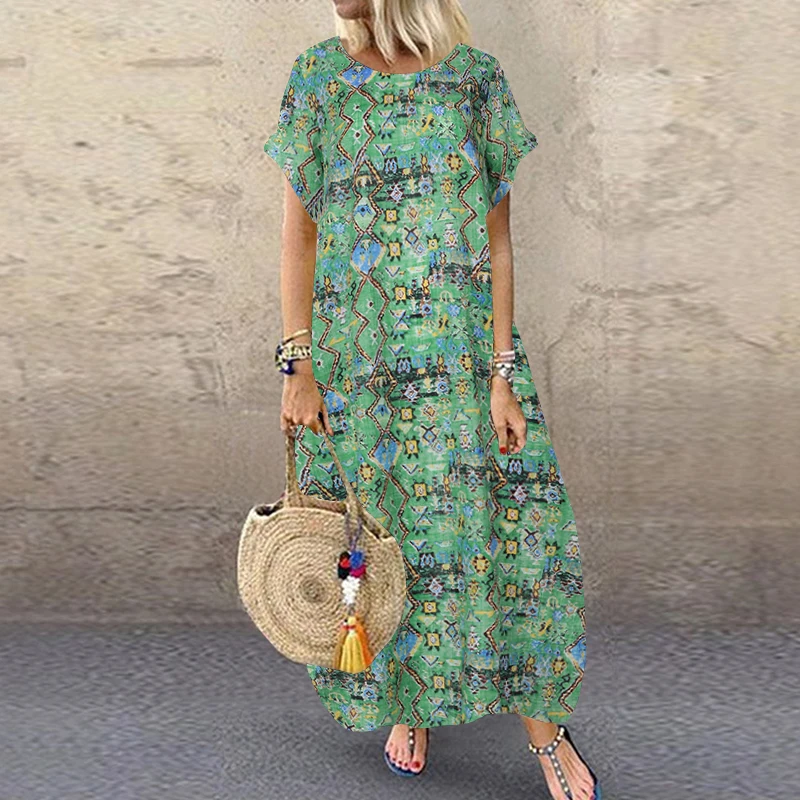 

ZANZEA 2021 Printed Maxi Dress Women's Summer Sundress Casual Short Sleeve Vestidos Kaftan Female Graffiti Tunic Robe Plus Size