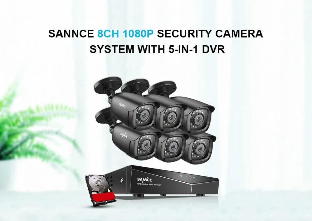 SANNCE 8CH 1080P видео система безопасности 5в1 DVR с 6 шт 1080P TVI Смарт ИК Открытый всепогодный CCTV камеры видеонаблюдения комплект