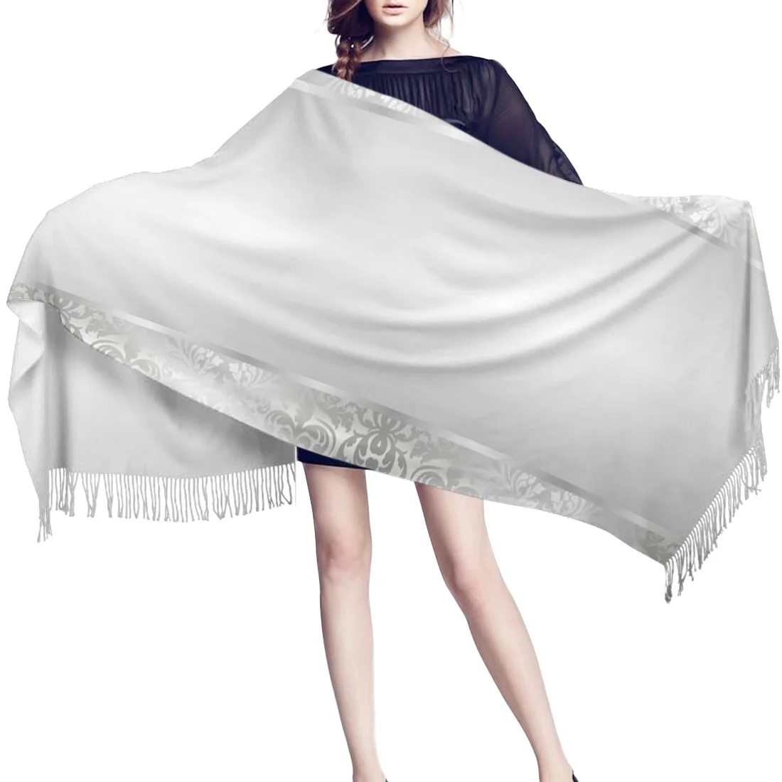 Фото Серебряный узор завод кружева новый женский шарф модный кашемировый с кисточкой