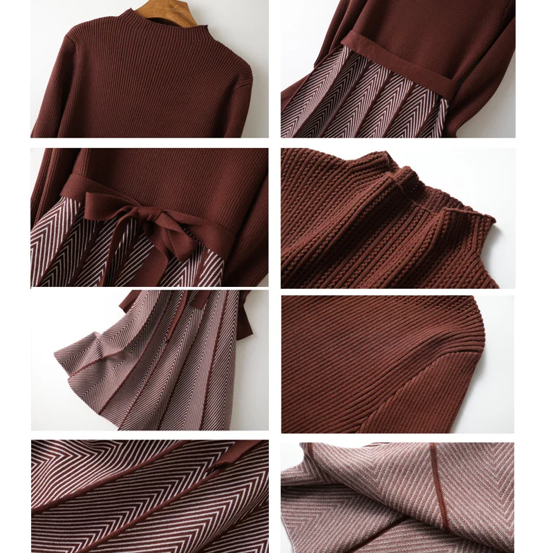 

New Women Fashion Long Turtleneck Sweater Dress Knit Geometric Sashes A-Line Casual Street Style Women Sweater Dress Vestidos