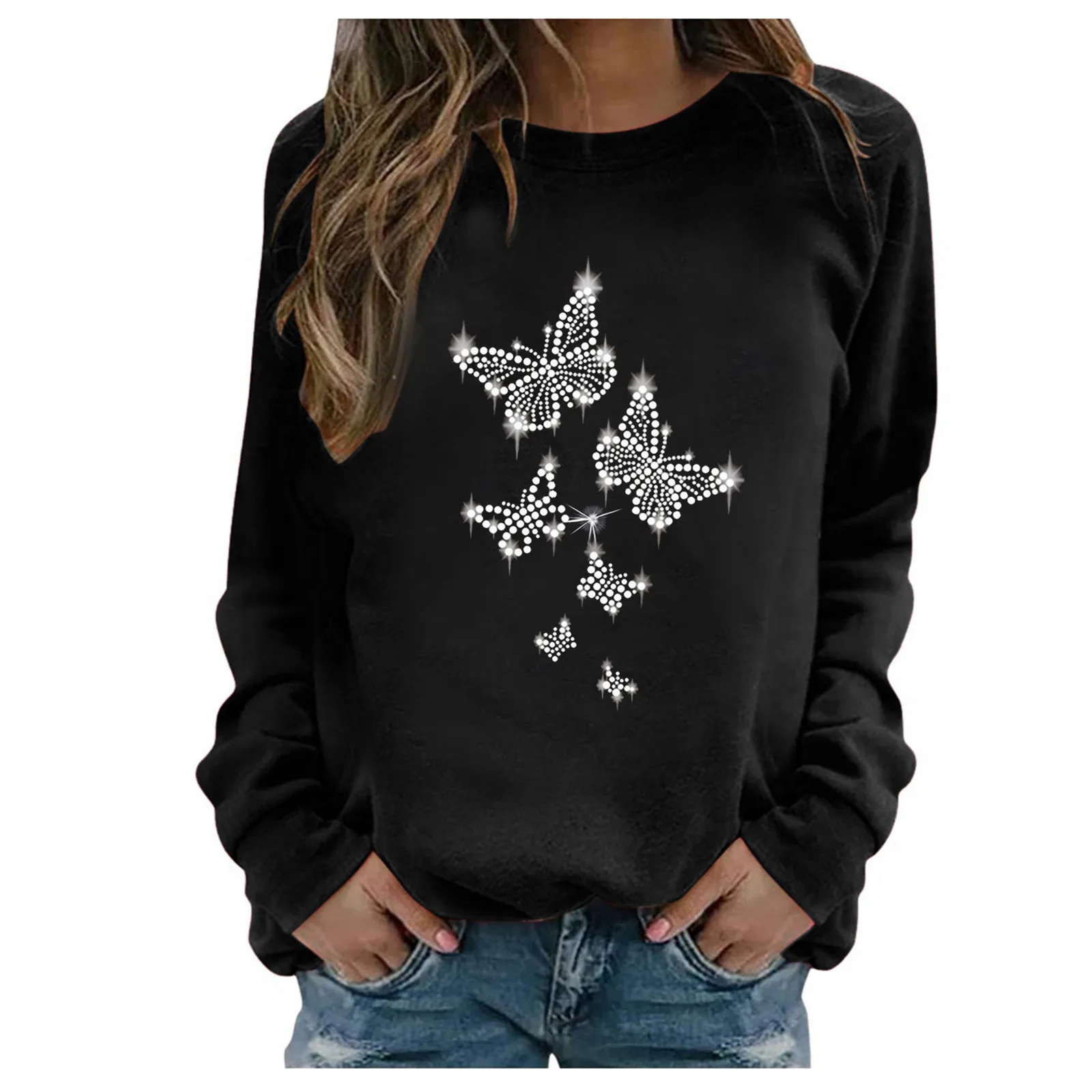 

Females Oversize Winter Blouses Fashion Womens Casual O-neck Butterfly Rhinestone Long Sleeve Tops Shirts