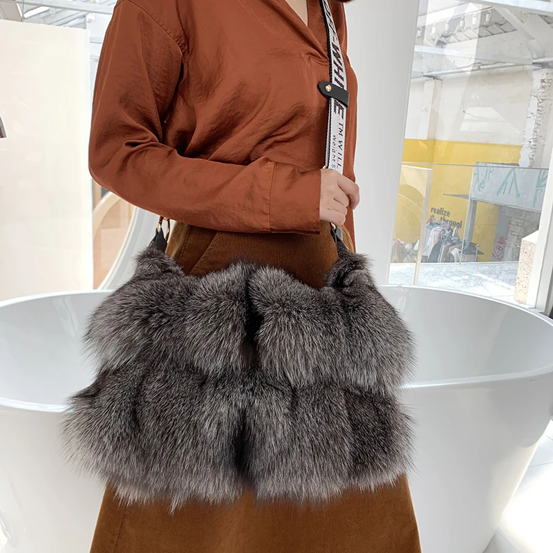 FXFURS, новинка, сумки из натурального лисьего меха, женские сумки через плечо на одно плечо, сумки через плечо из меха серебристой лисы, большие женские клатчи