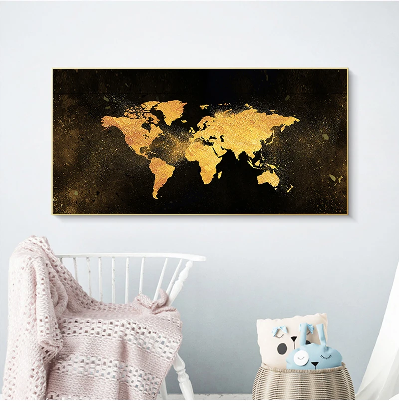 

Modern Black and Gold World Map Abstract Canvas Painting Scandinavian Posters and Prints Wall Art Picture for Living Room Decor
