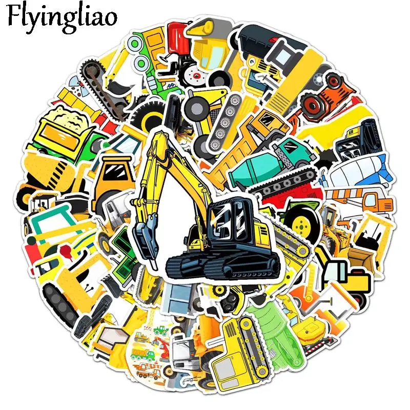 

50pcs Engineering vehicle Cartoon Children Stickers Skateboard Guitar Suitcase Girls Waterproof scrapbooking Sticker Kids Toys