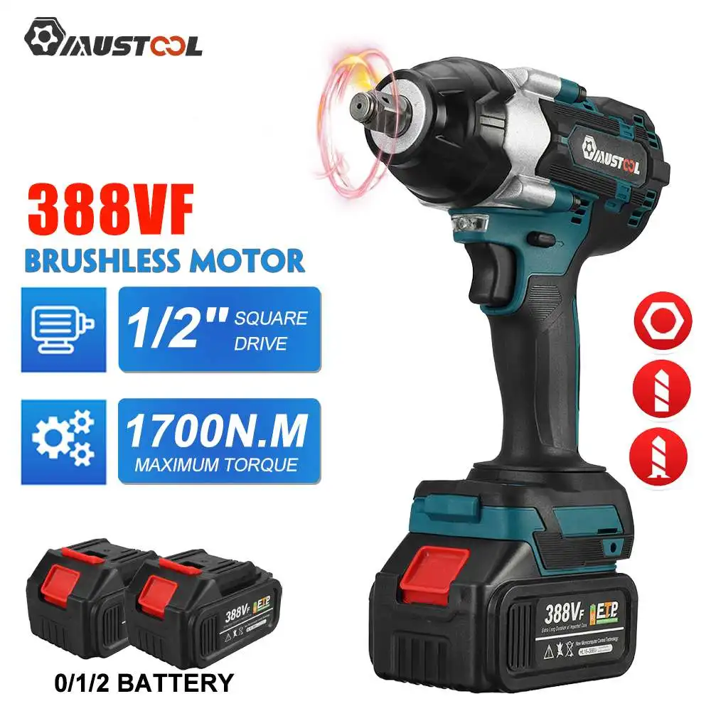 MUSTOOL 1700N.M Torque Brushless Electric Impact Wrench Screwdriver 1/2 Inch Cordless Wrench Power Tools for Makita 18V Battery