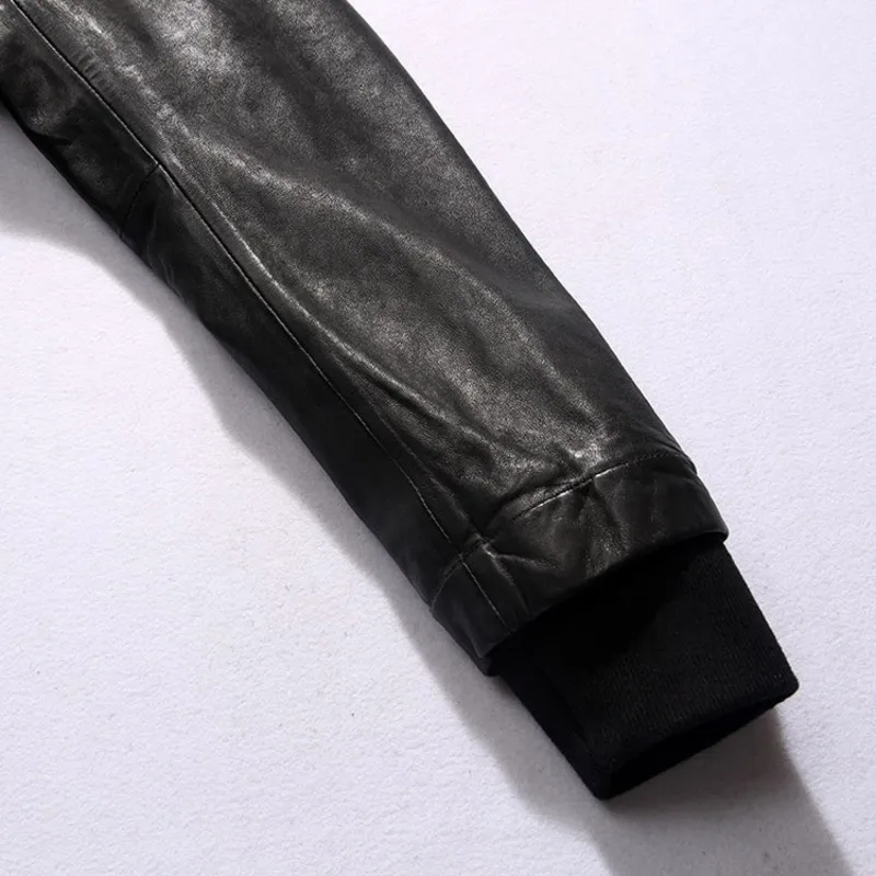 

Men Retro Sheepskin 100% Genuine Leather Medium Long Jacket Luxury Runway Hooded Windbreaker Streetwear Pocket Washed Black Coat