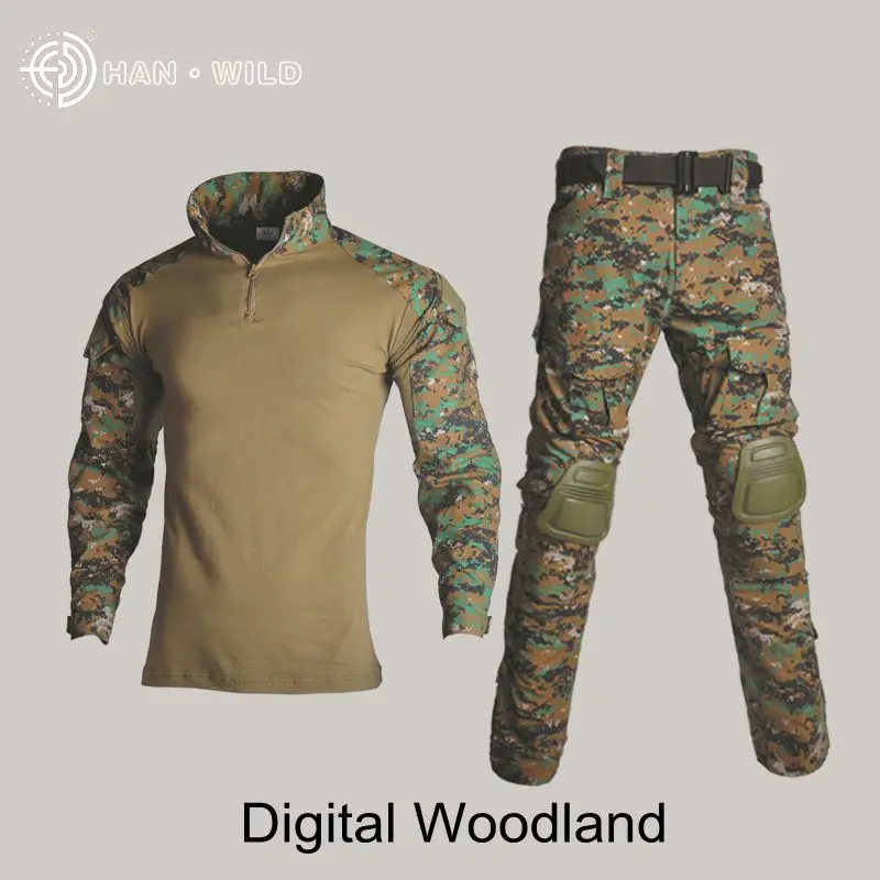 digiyal woodland Тактическая Военная Боевая форма, рубашка с камуфляжем мультикам+ штаны, налокотники, наколенники, военная одежда армии США, черный Камуфляжный костюм, одежда для охоты - Цвет: digiyal woodland