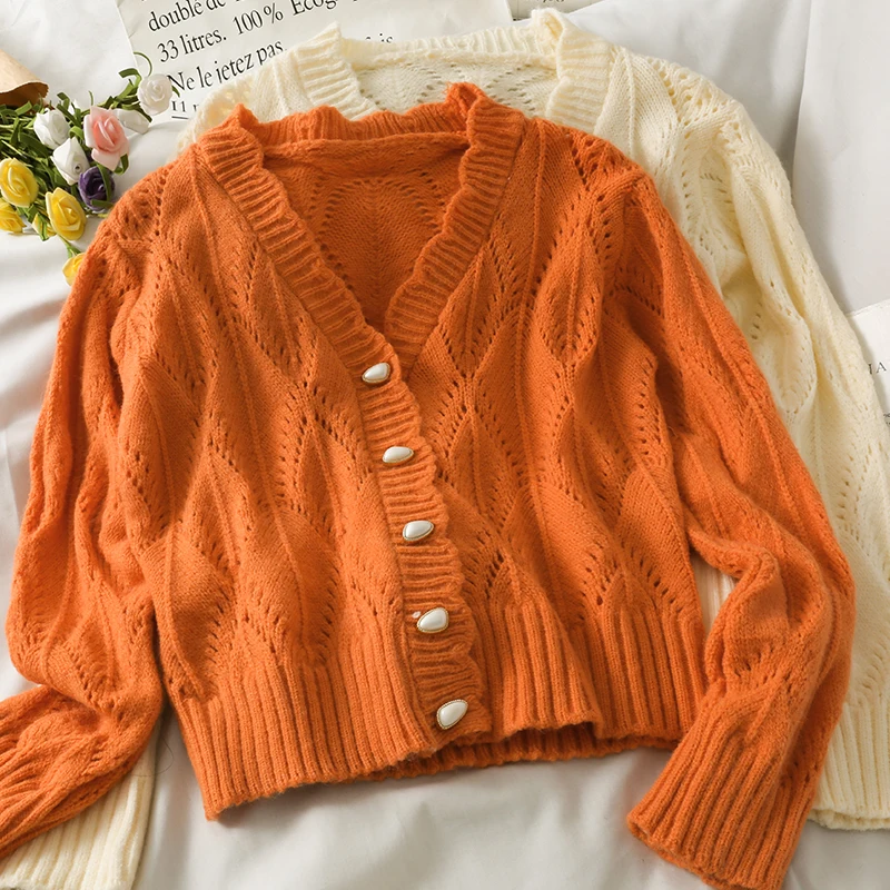 

Abrini Women Ribbed Knittd Cardigans Hollow Out Fine Yarn Jumpers Loose Casual V-neck Button Up Sweaters Cardigans 2021 Autumn