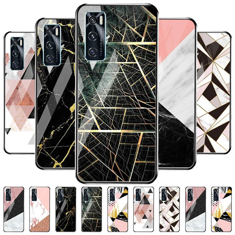 

Marble Tempered Glass Case For Vivo X30 X20 X50 Pro Cases Liquid Silicone Bumper On Vivo Xplay 6 X21i X21S X23 X27 Hard PC Cover