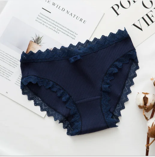 Explosions new thread cotton Japanese bow underwear solid color breathable waist size girls briefs plus size women panties - Цвет: dark blue