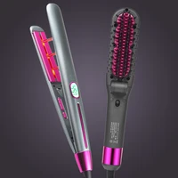 Hair Straightener Heating Combs 2 pcs Set Infrared Anion Flat Iron With LCD Screen Curler Foldable Smooth Hair Styler Brush