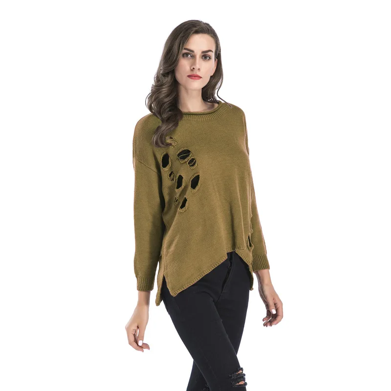 

Women Hole Pullover Sweater Female Side Split Long Sleeve O Neck Loose Knit Top Femme Winter Casual Streetwear Autumn Clothing