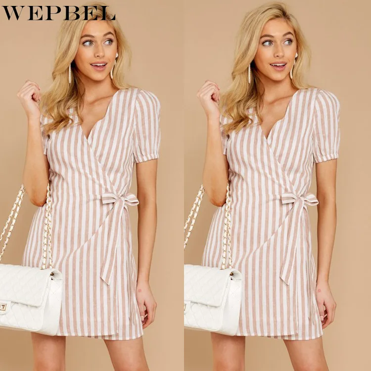

WEPBEL Summer Fashion Striped Print Slim Dress Women's Casual Short Sleeve V-neck Lace-up High Waist Dress