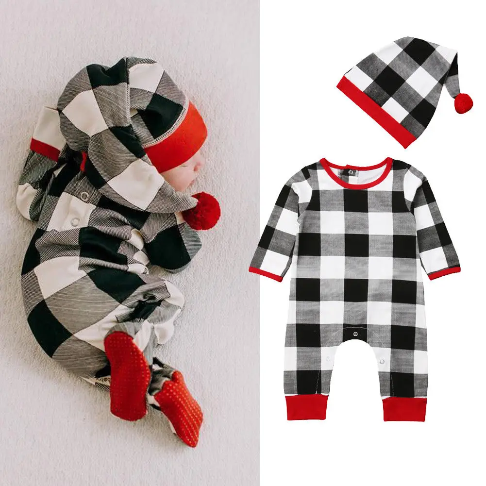 

Pudcoco 2020 Winter Christmas 0-12M Infant Baby Boy Girl Plaid 2Pcs Set Black-White-Gray Long Sleeve Romper+Hat Autumn Outfit