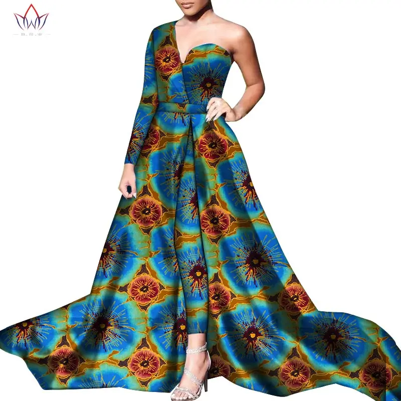 2pcs BazinRiche African One Shoulder Dresses and Pant Set Dashiki African Dresses for Women African Clothes Dress Trouser WY6055