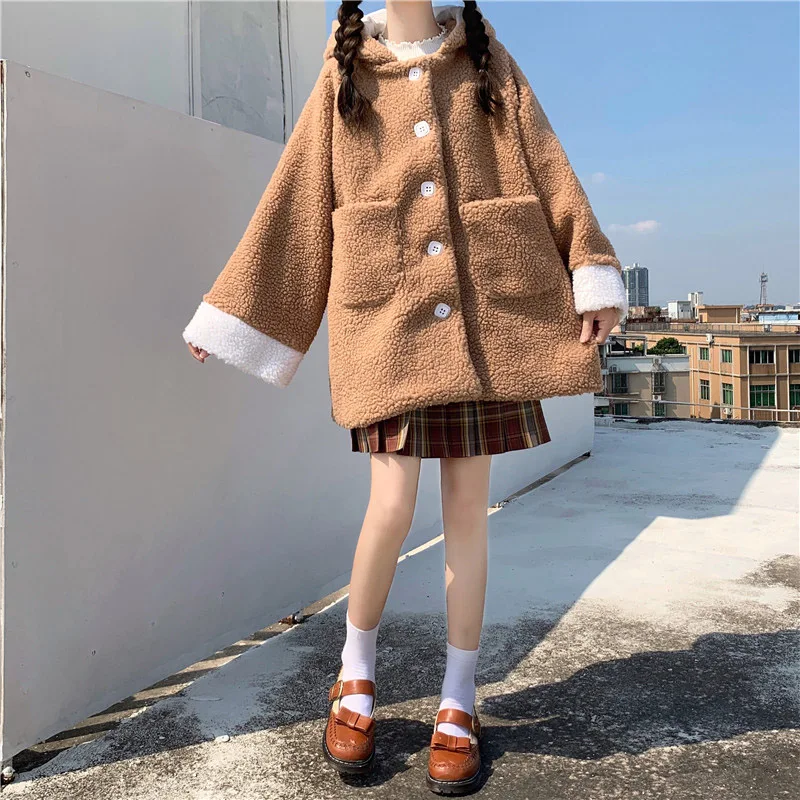 Kawaii Girl Winter Teddy Jacket Women Cute College Style Single Breasted Loose Thicken Warm Coat Fluffy Lamb Faux Fur Overcoat