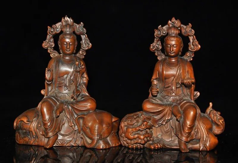 

wedding decoration Tibetan Buddhism Boxwood Wood Wenshu Manjushri Samantabhadra Buddha statue pair