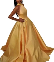 elegant women a line halter long yellow prom dresses with pockets satin robe de soiree key hole back formal party dresse