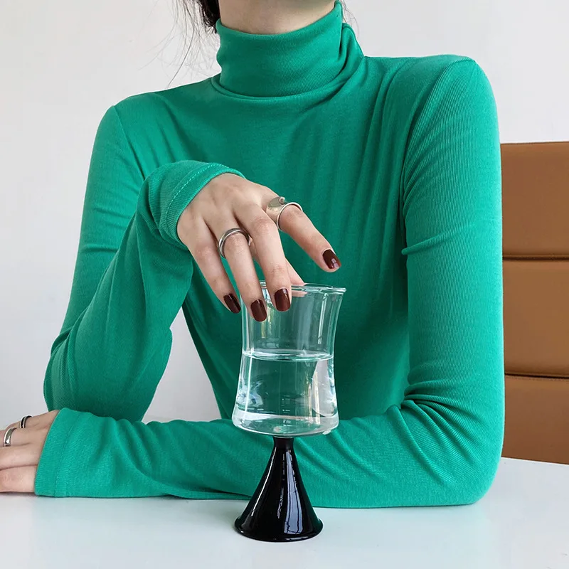 

Vintage Casual Solid Long Sleeve T Shirt Women Chic Korean Style Turtleneck Pullover Slim Elastic Female Cotton Tee Tops