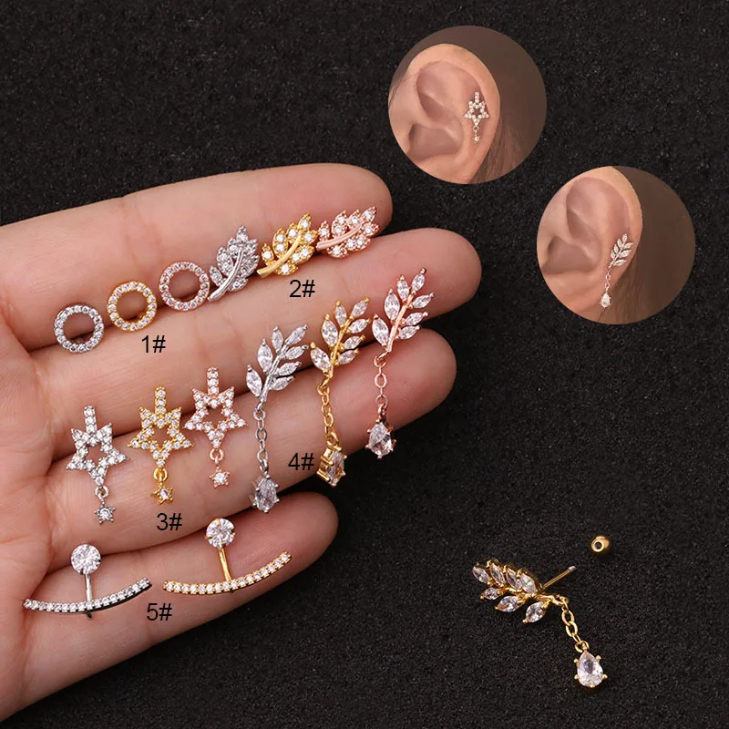 1 шт. Новая мода 20 г штанга нержавеющая сталь лист CZ хрящ спираль Tragus Rook Lobe серьги