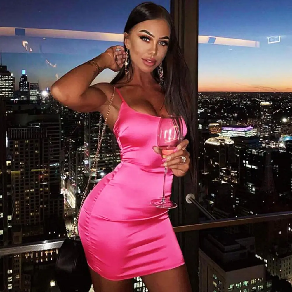 Женское платье атласное женское сексуальное облегающее с низким вырезом и