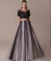 elegant prom dress 2021 two pieces a line black lace appliques shinny luxury custom made women evening dress short sleeve back