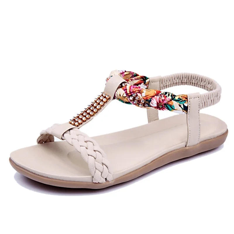 

comemore New Women Sandals Summer Flat Heel Bohemian Sandals Rhinestone Mixed Color Ladies Elastic Band Open Toes Beach Shoes