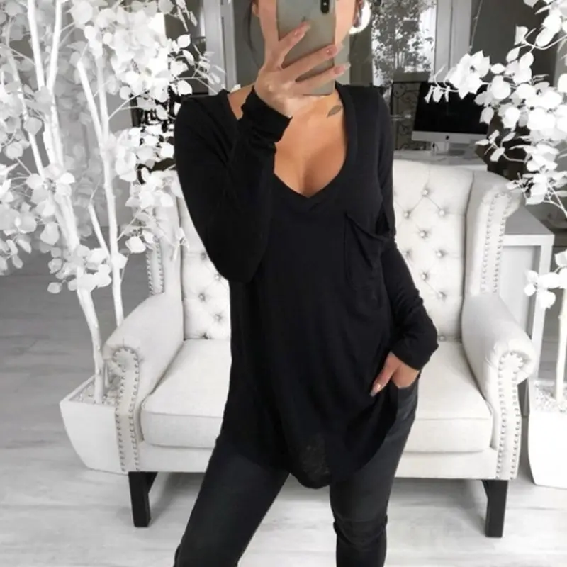 

Nice Pop Women Basic Cotton T-Shirts Spring Long Sleeve V-Neck Casual Long Tops Tee Girls Sexy T-Shirt Plus Size Clothing S-3XL