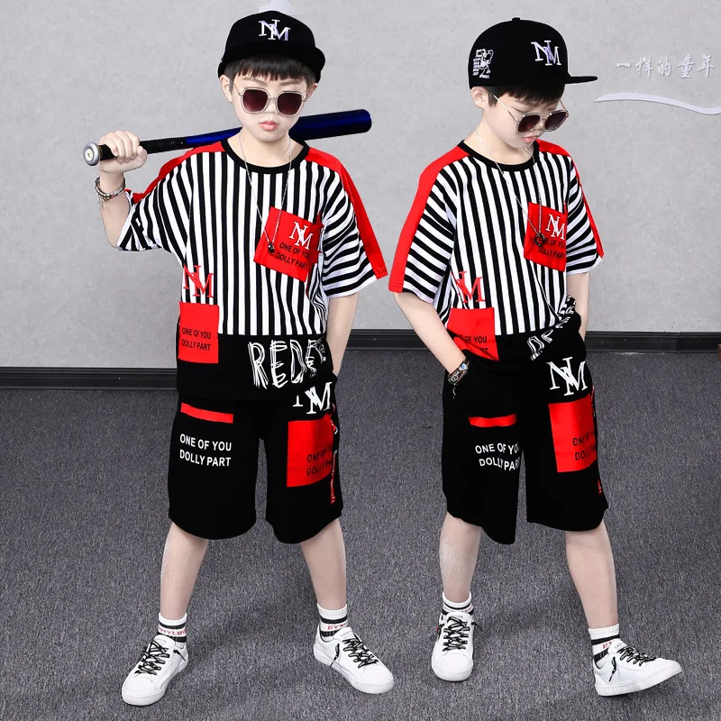 

Children Clothing Sets For Boys Short Sleeve Sports Suits Summer Kids Tracksuits Casual Teenage Clothes Boys Striped Costumes